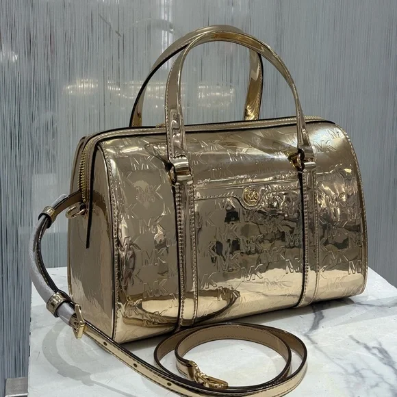 NWT Michael Kors Jet Set Women Medium Metallic Logo Debossed Satchel Bag - Picture 5 of 9